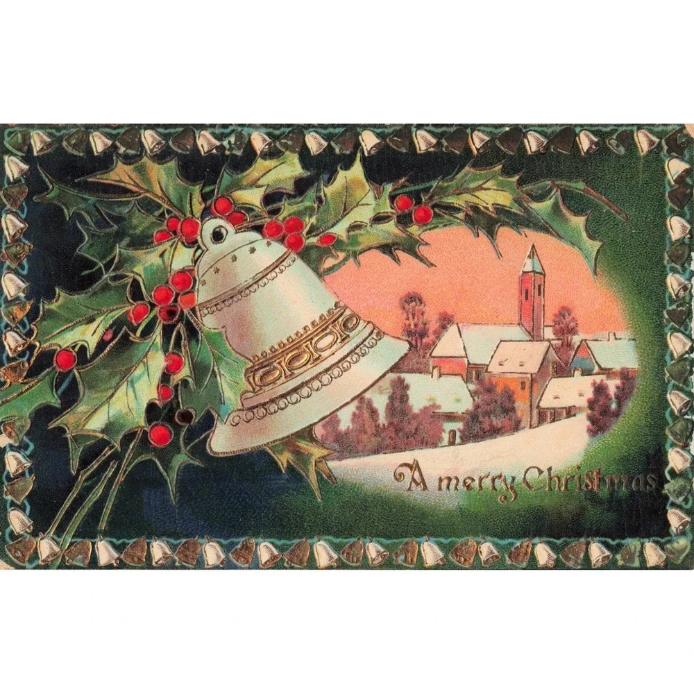 Vintage Embossed Christmas Postcard Silver Bell Holly Snowy Village Germany 283